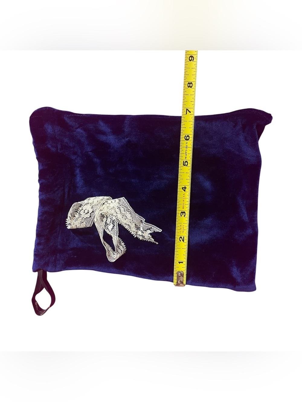Vintage Blueberry Blue Velvet Drawstring Bag with White Bow - Picture 5 of 6